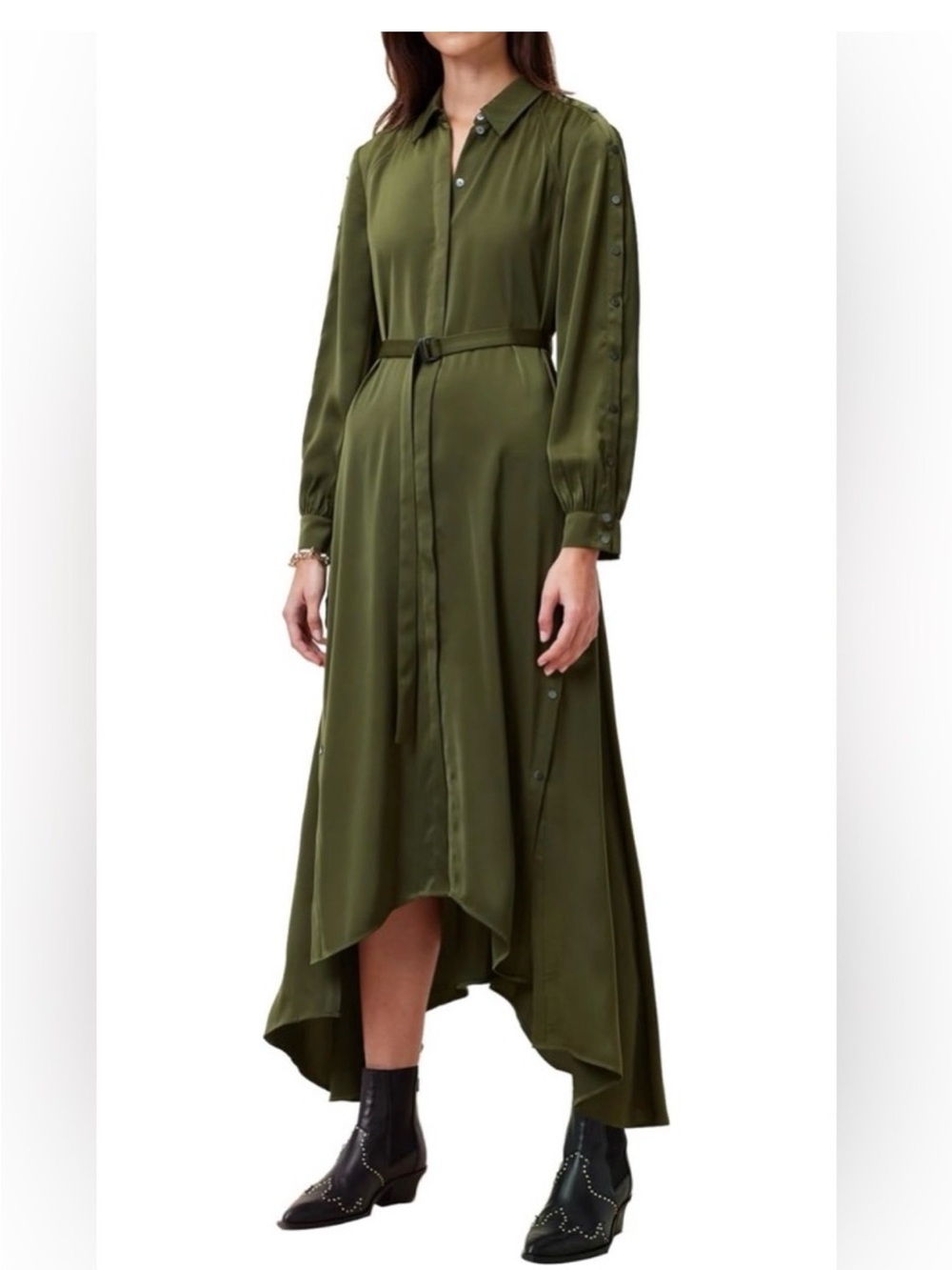 AllSaints Lexi Long-Sleeve High-Low Shirt Dress Rifle Olive Green size 8 EUC